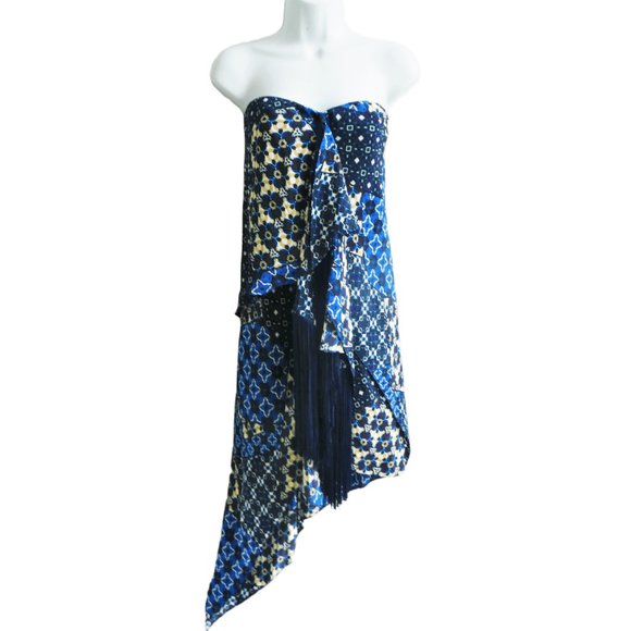 SiLK BCBGMaxAzria Strapless Asymmetrical Dress Enid Fringe Patchwork Boning 4 - Picture 8 of 11